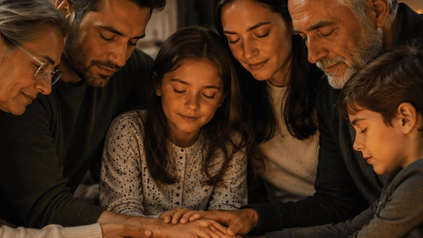 Família de várias gerações sentada junta, de olhos fechados e mãos unidas, cercada por velas acesas.