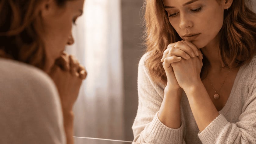 Mulher de suéter claro apoia as mãos unidas no queixo diante do espelho do banheiro.