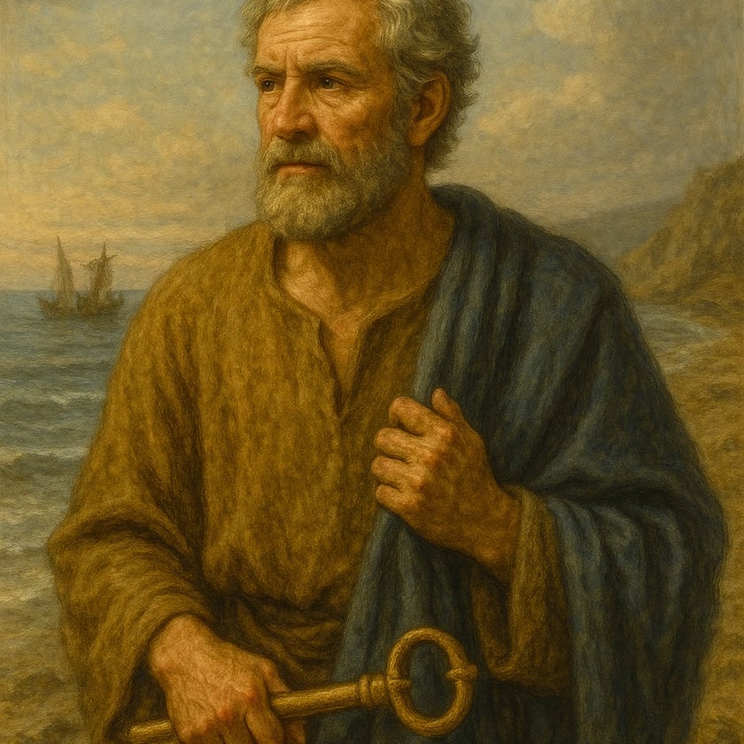 Homem idoso de barba grisalha segura uma grande chave dourada diante do mar e de um barco.