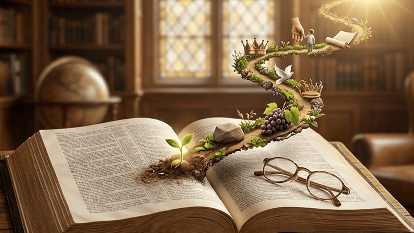 Livro aberto num atril com óculos e um caminho sinuoso com coroas, pomba e uvas.