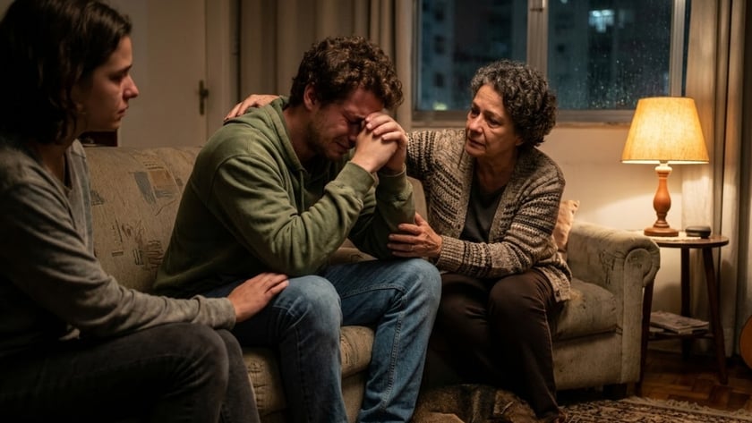 Jovem de cabelo cacheado chora com o rosto nas mãos, e uma mulher mais velha toca seu braço.