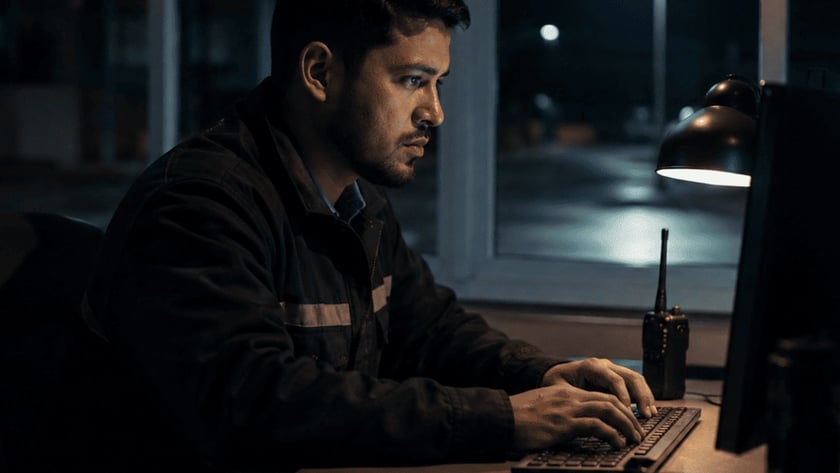 Homem de jaqueta digita no computador, em uma mesa ao lado de um rádio, à noite.