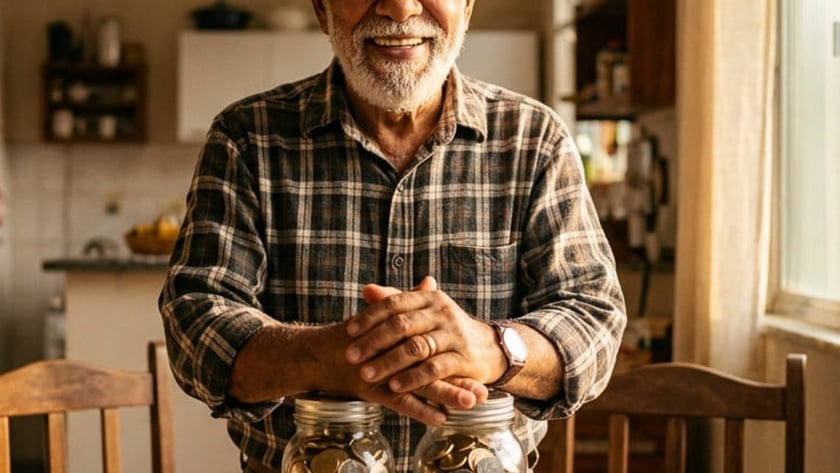 Idoso de barba branca sorri com as mãos sobre dois potes de moedas, ao lado de uma Bíblia aberta.