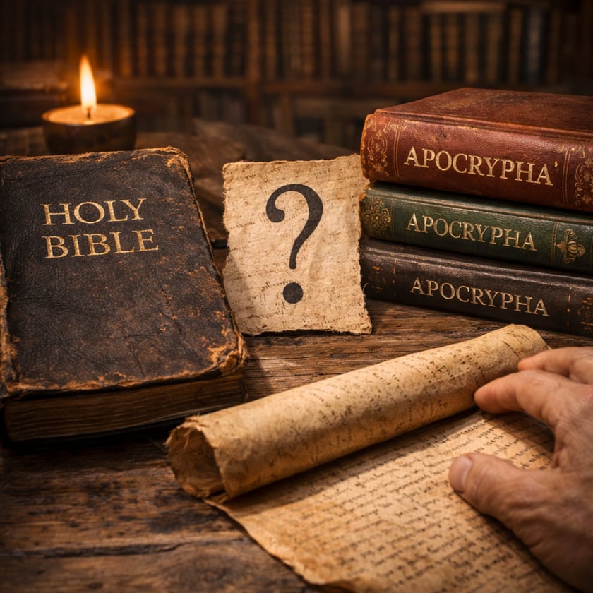 Bíblia antiga ao lado de livros "APOCRYPHA", pergaminho e papel com interrogação.