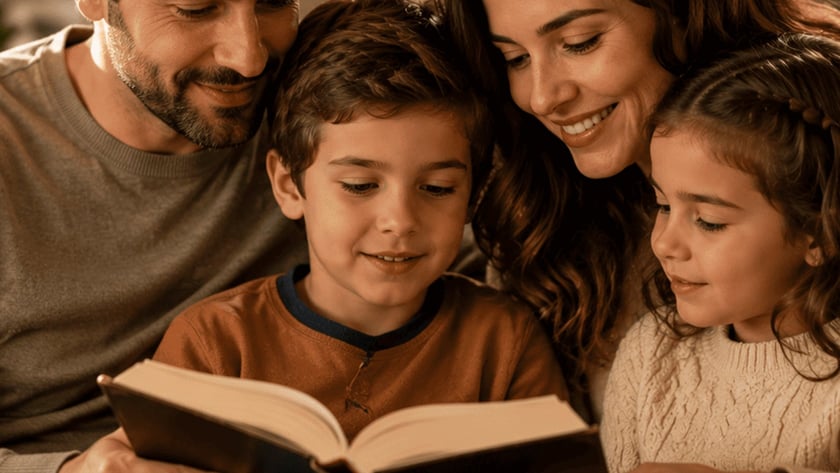 Pai, mãe, menino e menina sorriem enquanto leem juntos um livro grande no sofá.
