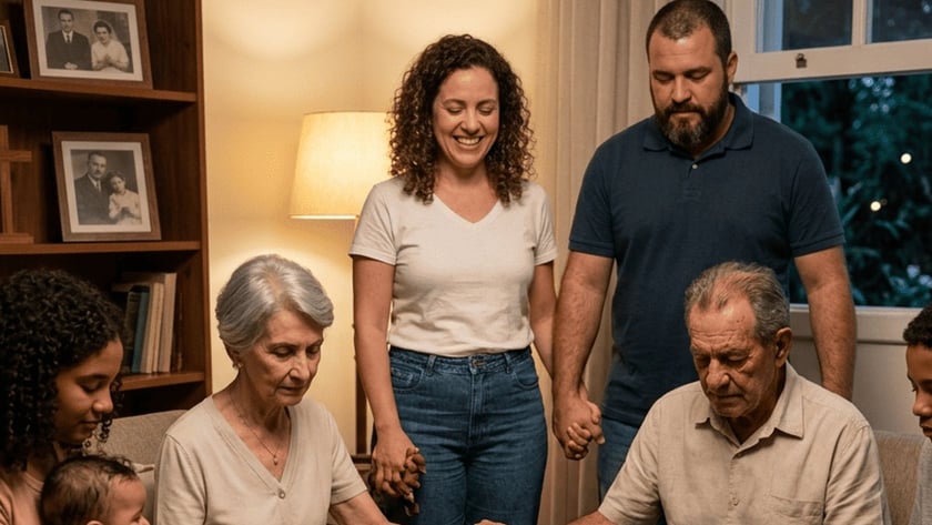 Família de várias gerações de mãos dadas em oração na sala, com vela acesa.