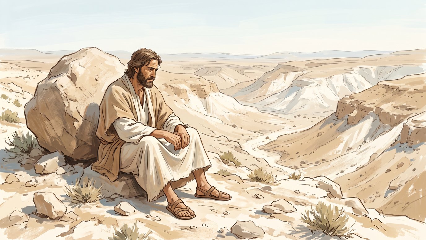 Homem de barba e túnica clara sentado ao lado de uma pedra, olhando um vale no deserto.