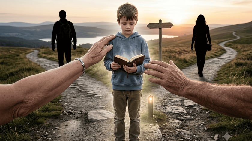 Menino segura um livro entre duas mãos adultas, numa bifurcação ao pôr do sol.