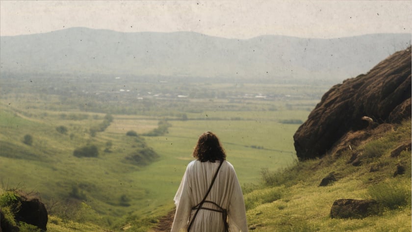 Homem de túnica branca e cabelo castanho desce uma trilha de terra rumo a um vale verde.