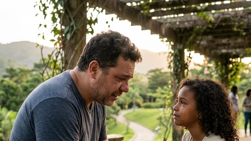 Homem e menina de mãos dadas, chorando, diante de uma Bíblia aberta em um parque.