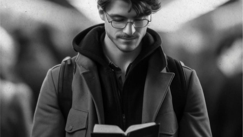 Homem de óculos e casaco lê um livro pequeno em um local movimentado.