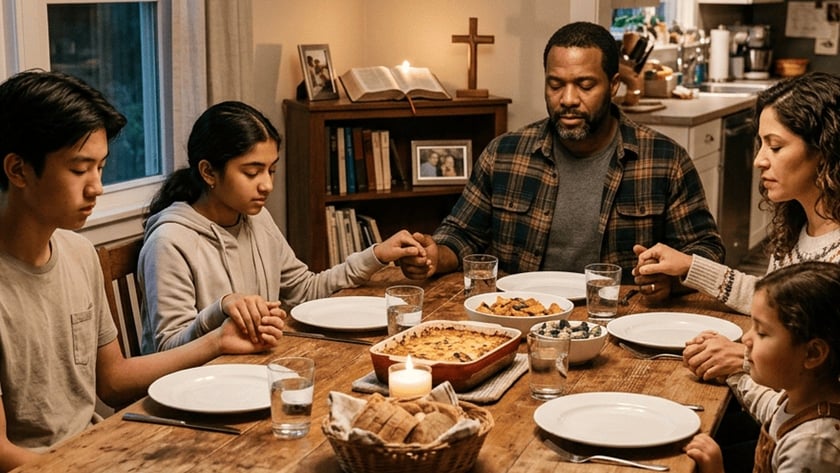 Família de mãos dadas e olhos fechados, rezando à mesa de jantar na cozinha.