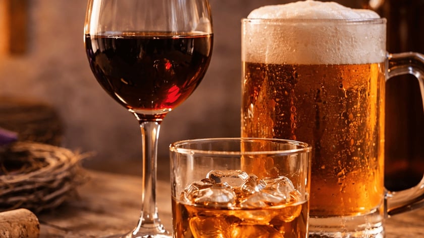 Taça de vinho tinto, copo de uísque com gelo e caneca de cerveja sobre mesa de madeira.