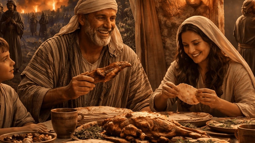 Homem e mulher sorriem à mesa com cordeiro assado e pães, enquanto outro homem toca a porta.