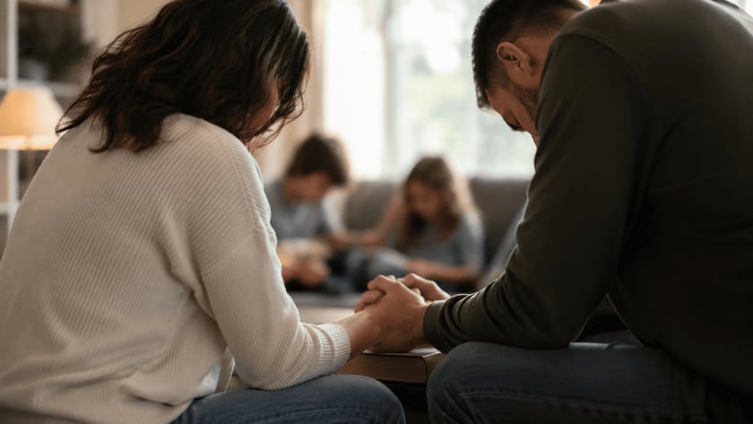Mulher e homem de cabeça baixa de mãos dadas numa sala, com duas pessoas ao fundo.
