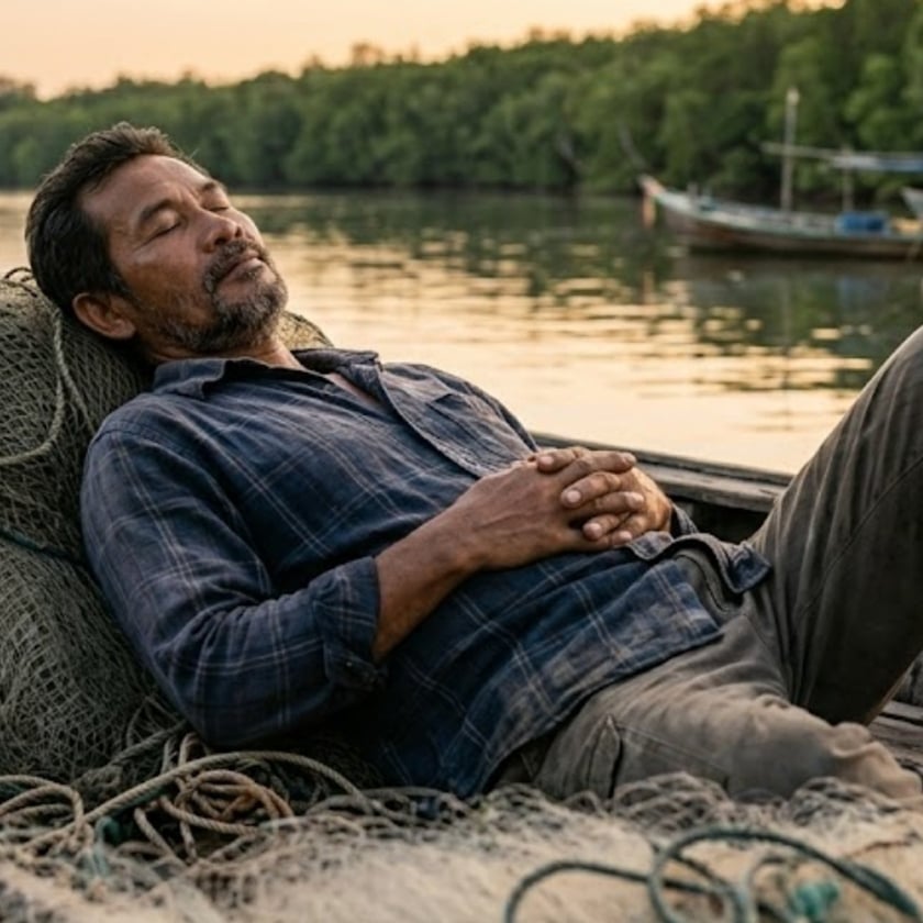 Homem de barba dorme recostado em redes de pesca num barco, perto de um rio.