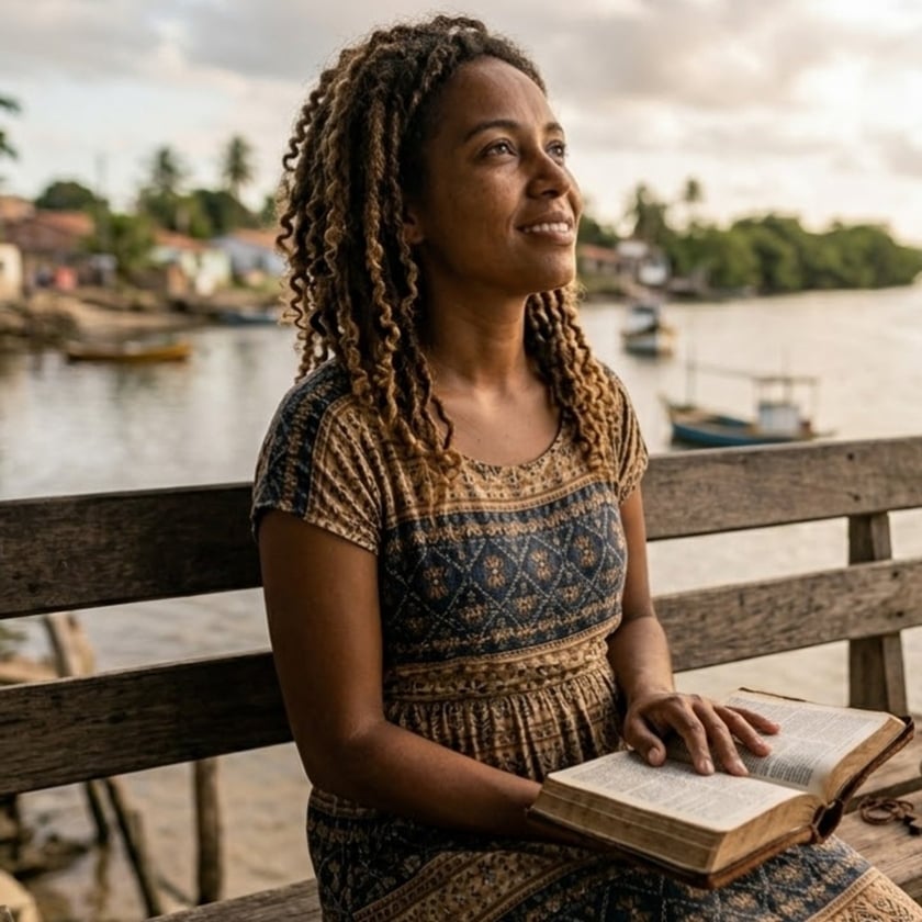 Mulher de cabelo cacheado sentada num banco de madeira com um livro aberto, diante de um rio.