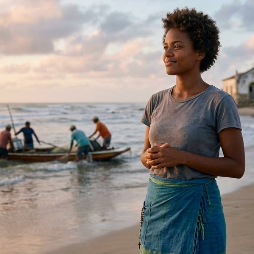 Mulher de cabelo curto em pé na praia, com pescadores em um barco ao fundo.