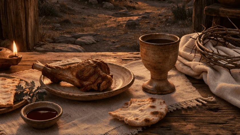 Mesa com cordeiro assado, pães e cálice; ao fundo, três cruzes, túmulo aberto e mulheres.
