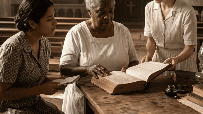 Três mulheres ao redor de uma mesa em uma igreja antiga, lendo uma Bíblia grande.