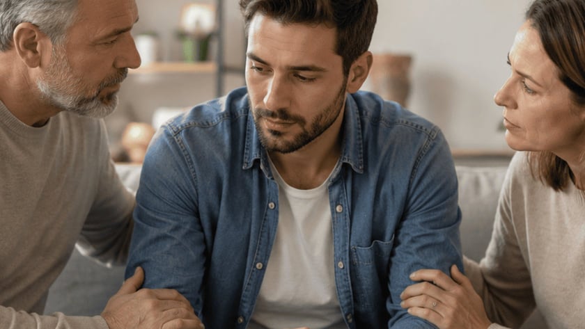 Homem de camisa jeans sentado no sofá, com um homem e uma mulher tocando seus braços.