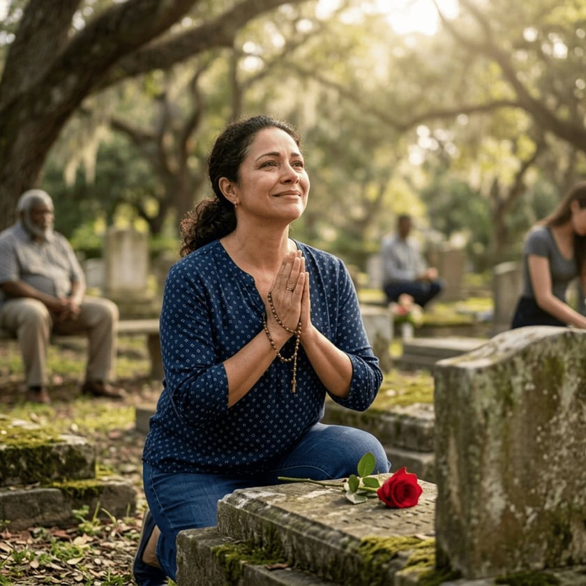 Mulher ajoelhada com um terço entre as mãos junto a um túmulo com uma rosa vermelha.