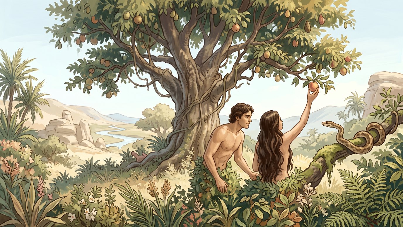 Homem e mulher nus junto a uma árvore frutífera; ela alcança um fruto e uma cobra observa.