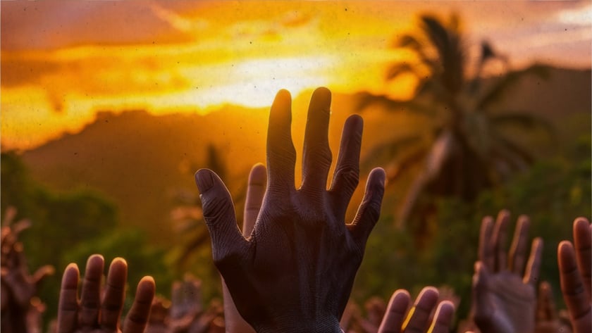 Multidão de mãos erguidas ao pôr do sol, com palmeiras e montanhas ao fundo.