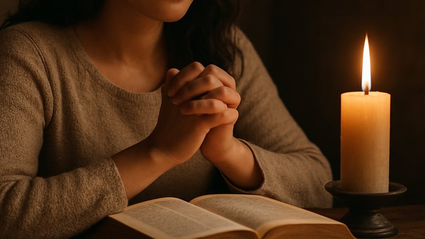 Mulher de cabelos escuros com as mãos unidas e olhos fechados