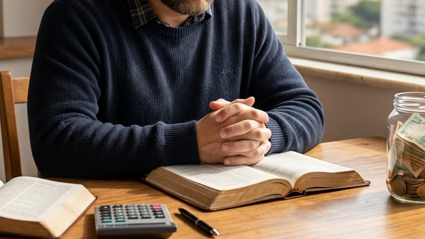 Homem de barba, de olhos fechados e mãos unidas, sentado à mesa com livros abertos e calculadora.