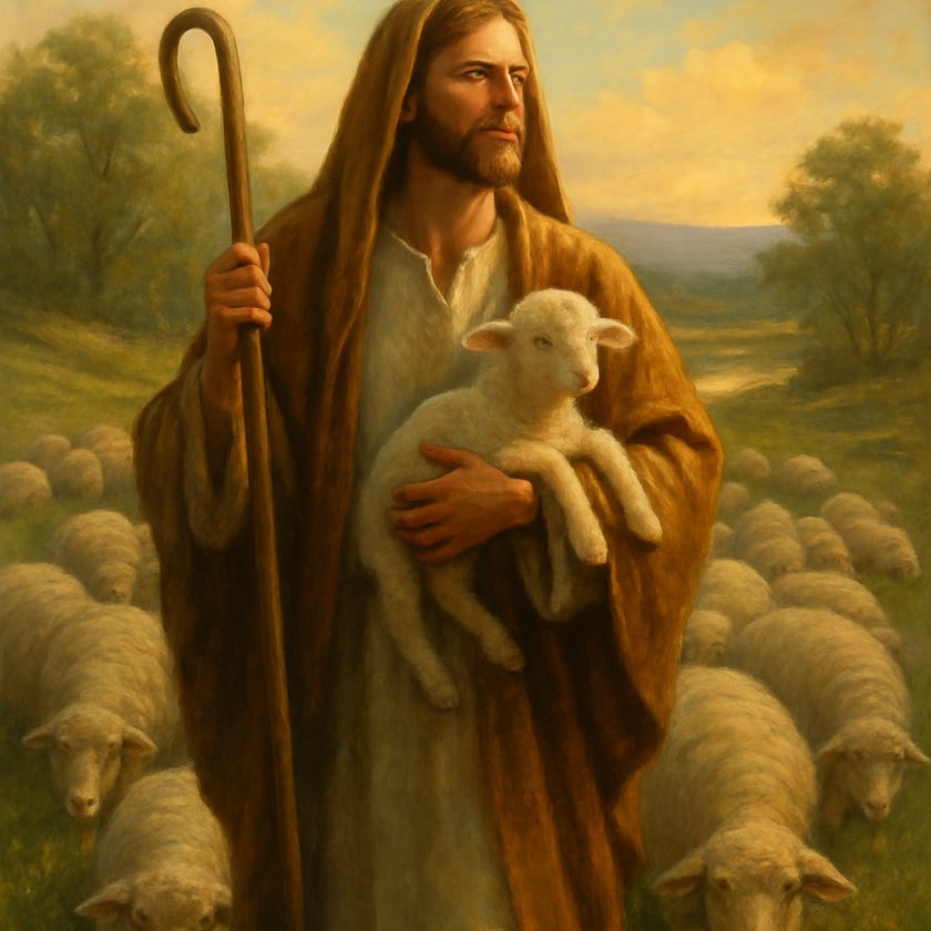 Pastor de barba e manto marrom segura um cordeiro e um cajado entre ovelhas.
