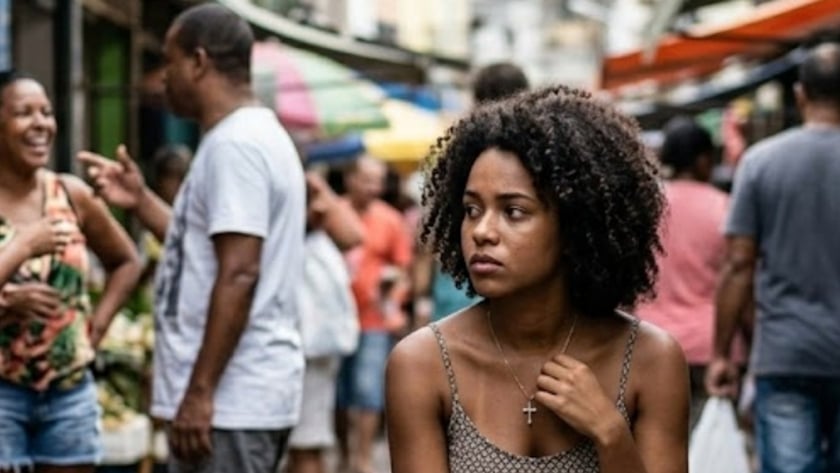 Jovem de cabelo cacheado senta num banco em rua movimentada de mercado, olhando para o lado.