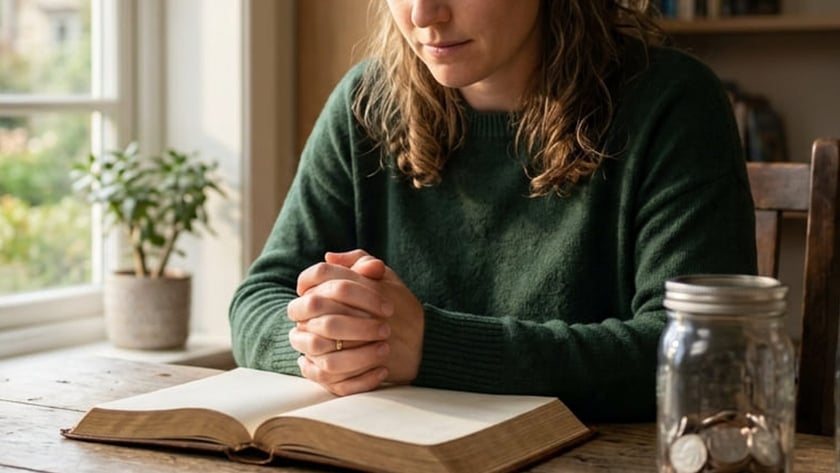 Mulher de suéter verde, de olhos fechados e mãos unidas, ao lado de uma Bíblia aberta.