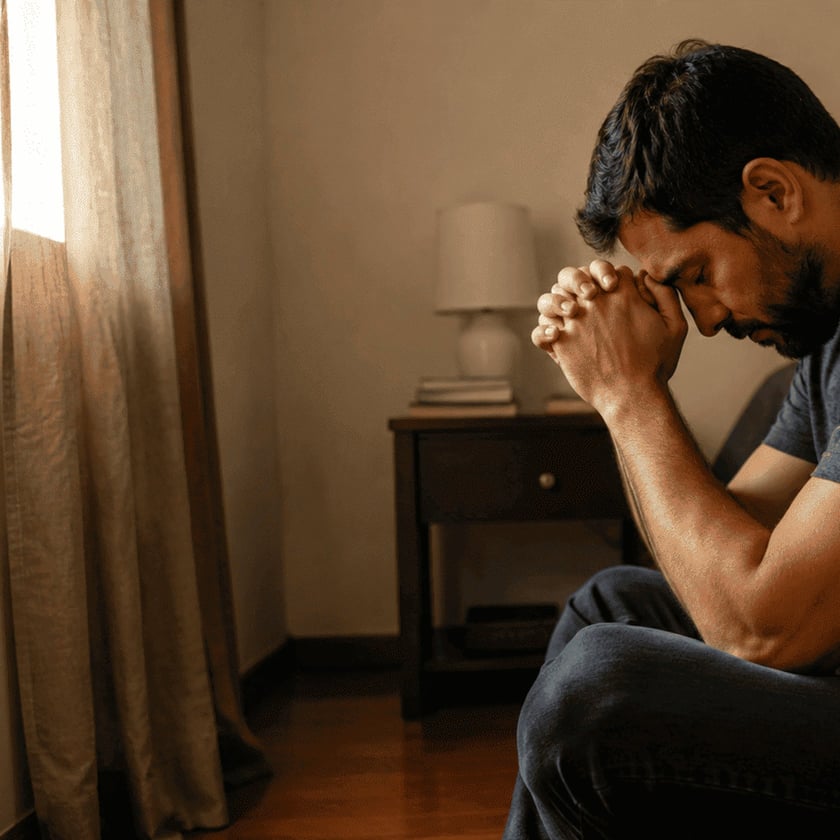 Homem sentado com as mãos unidas junto à testa, de cabeça baixa, em um quarto.