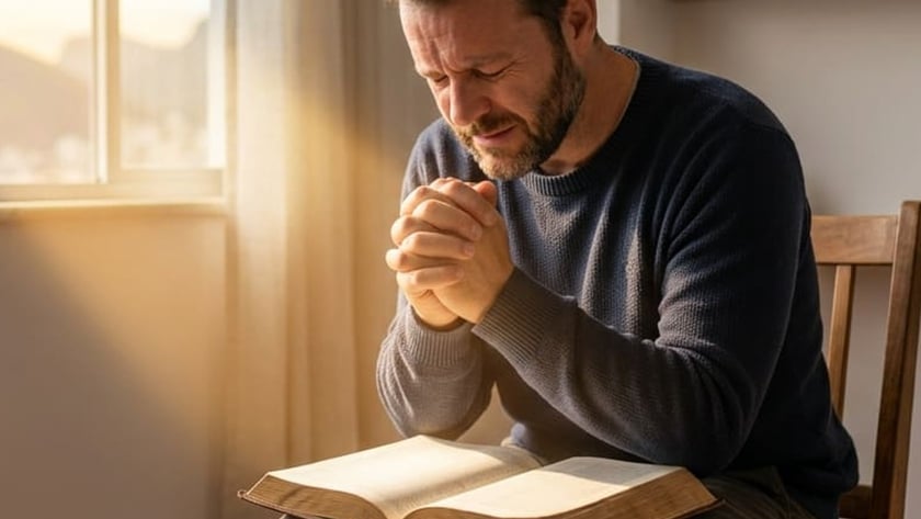 Homem de barba sentado numa cadeira de madeira, com as mãos unidas sobre uma Bíblia aberta.
