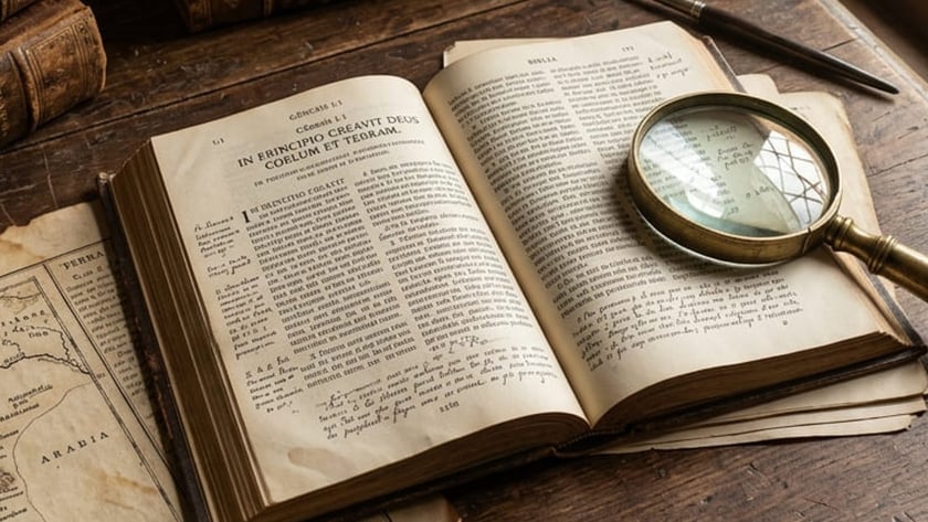 Livro antigo aberto com lupa de latão sobre mesa de madeira, ao lado de pena e tinteiro.