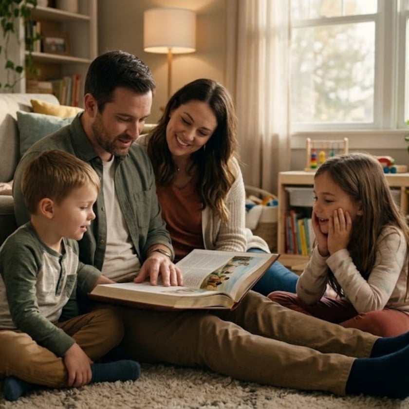 Família sentada no tapete da sala, olhando juntos um livro grande aberto.