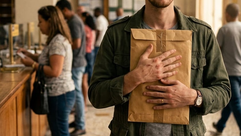 Homem de olhos fechados, com manchas na mão, segura envelope pardo em um saguão movimentado.