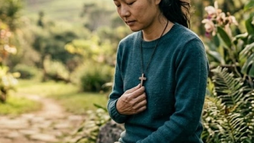 Mulher sentada num banco de madeira, de olhos fechados, segura uma cruz junto ao peito.