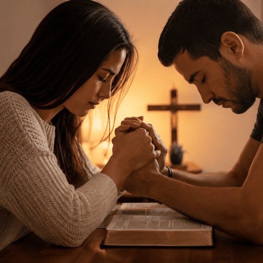Mulher e homem de cabeça baixa, com as mãos unidas sobre uma Bíblia aberta, diante de uma cruz.
