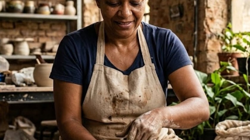Mulher de avental modela um vaso de argila no torno.