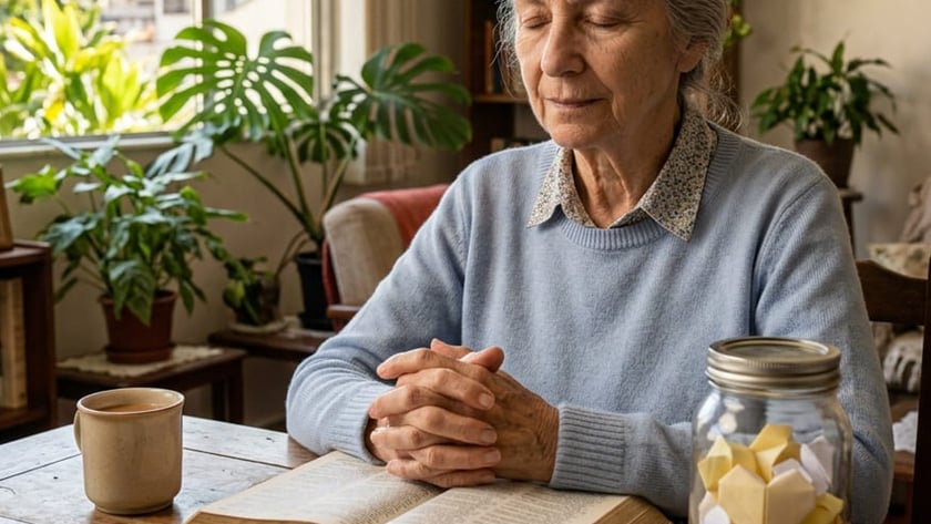 Idosa de olhos fechados e mãos postas diante de uma Bíblia aberta, à mesa