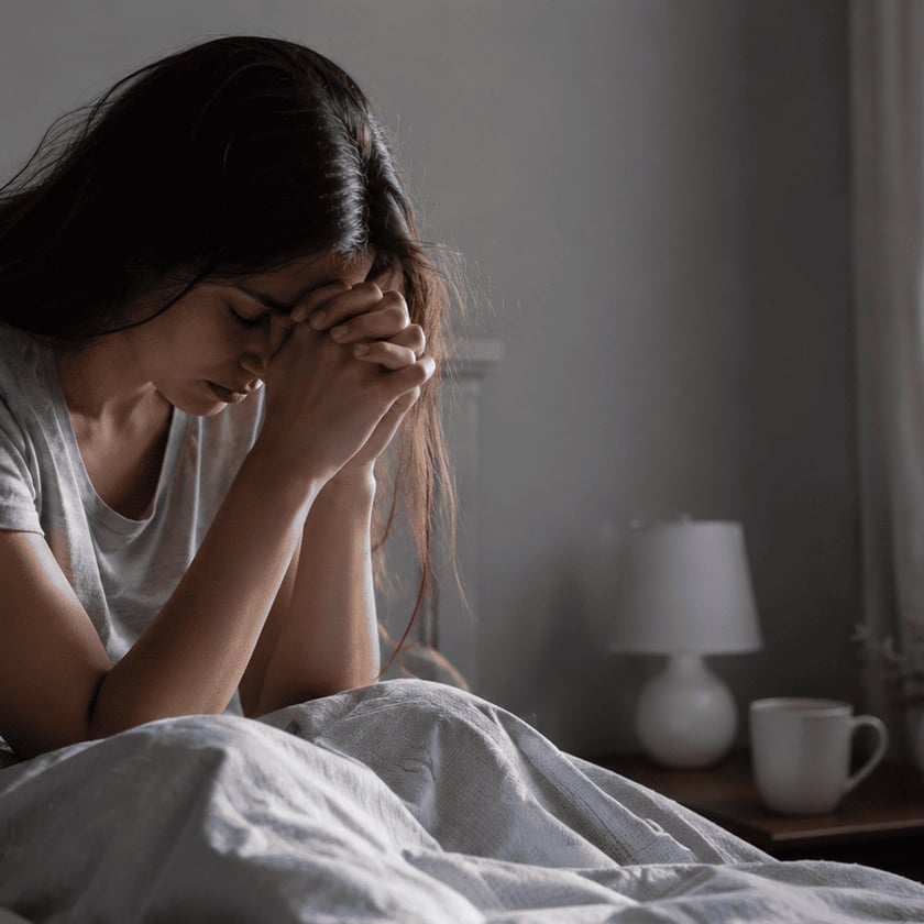 Mulher de cabelos longos sentada na cama, com a cabeça apoiada nas mãos unidas.