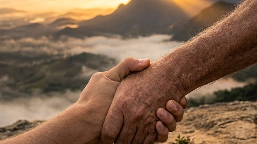Dois braços apertam as mãos no topo de uma montanha, sobre vale com nuvens.
