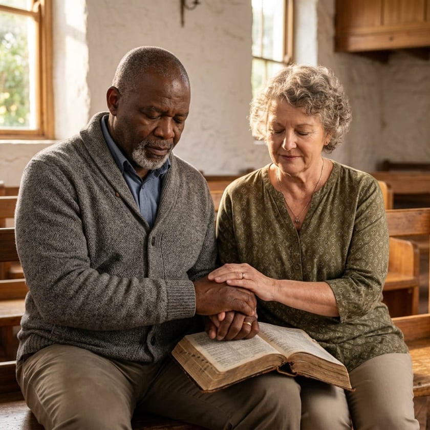 Homem e mulher idosos sentados em um banco de igreja, de mãos dadas, com uma Bíblia aberta.