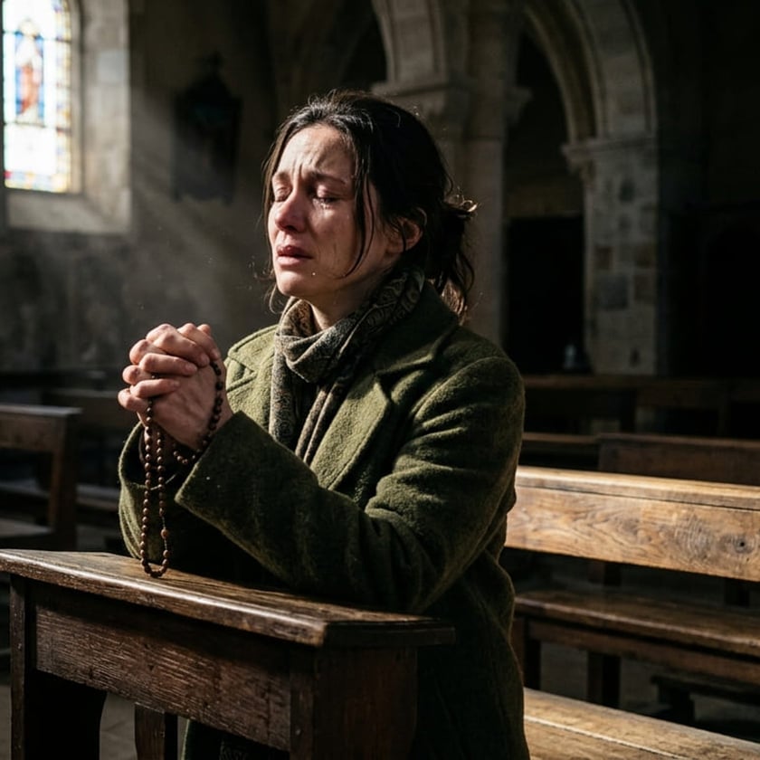 Mulher de casaco verde ajoelhada em uma igreja, com um terço nas mãos, chorando.