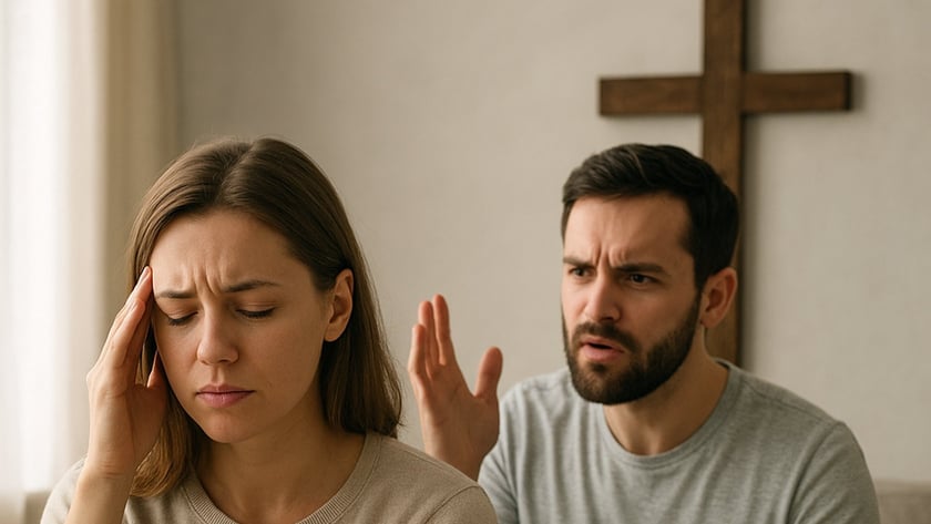 Mulher com a mão na testa e homem gesticulando atrás dela, em sofá, diante de uma cruz.