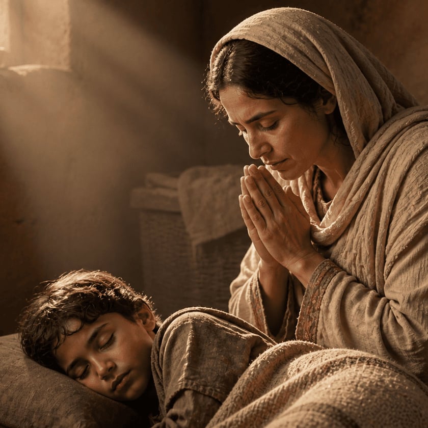 Mulher de manto na cabeça reza de mãos juntas ao lado de um menino dormindo.