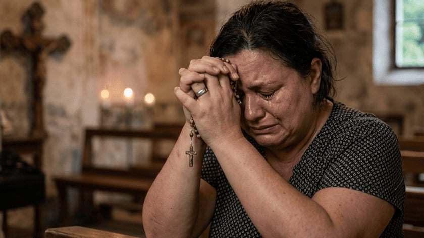 Mulher chorando, com as mãos unidas segurando um terço, ajoelhada em um banco de igreja antiga.