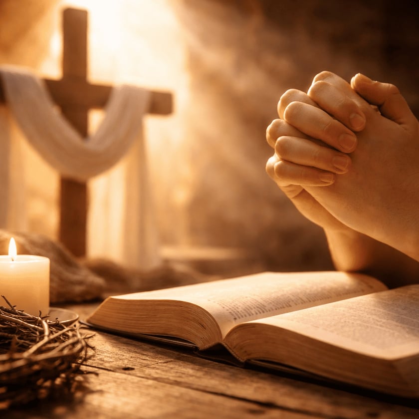 Mãos postas sobre uma Bíblia aberta, perto de uma vela acesa, coroa de espinhos e cruz.